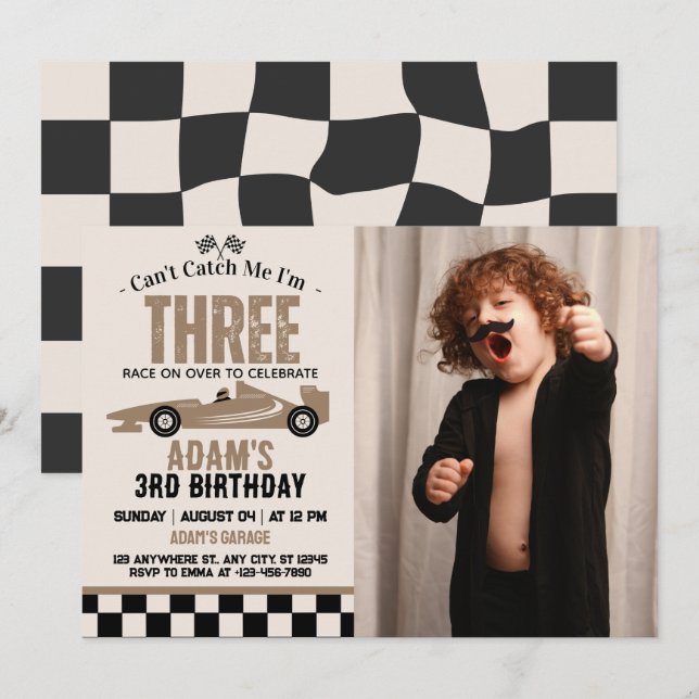 Invitation Fête d'anniversaire de 3 ans pour garçon de voitur (Devant / Derrière)