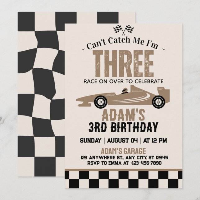 Invitation Fête d'anniversaire de 3 ans pour garçon de voitur (Devant / Derrière)