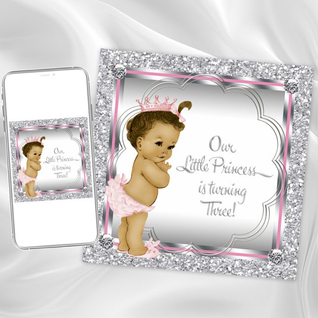 Invitation Fête d'anniversaire de 3 ans Rose et Princesse (Princess third birthday invitation. Instant download and printed invitations available.)