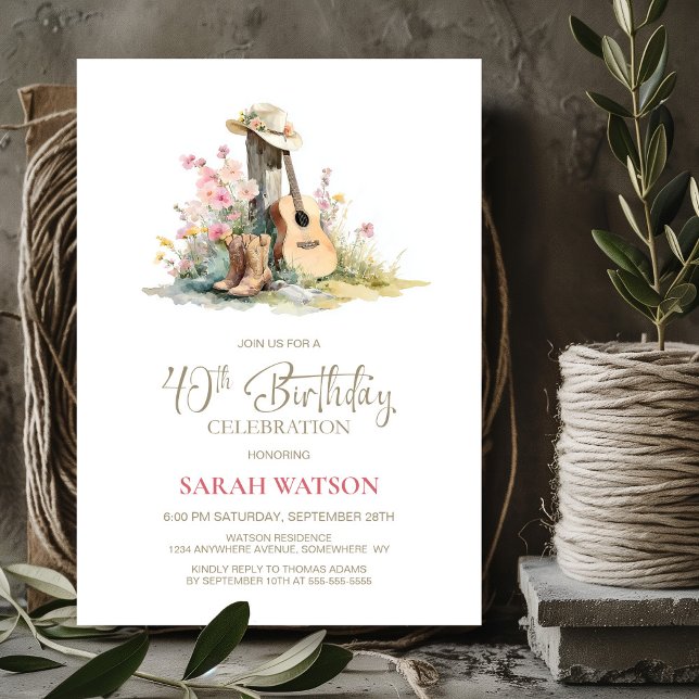 Invitation Fête d'anniversaire de 40 ans à la campagne rustiq (Créateur téléchargé)