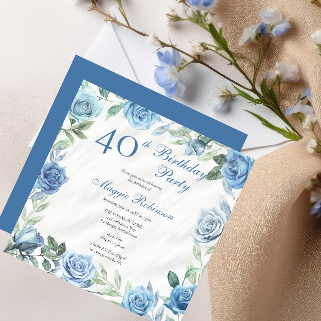 Invitation Fête d'anniversaire de 40 ans à thème floral Rose  (Elegant Blue Roses Floral Frame 40th Birthday Party Invitation - Available in Print and/or Digital)