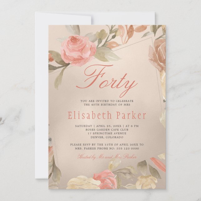 Invitation Fête d'anniversaire de 40 ans aux coraux floraux d (Devant)