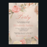 Invitation Fête d'anniversaire de 40 ans aux coraux floraux d<br><div class="desc">Carton d'invitation élégant et glamour pour un quarantième anniversaire avec un cadre de roses de jardin peintes à la main de couleur rose blush, rouge rouille pâle, crème pêche et fleurs beige tan avec feuillage sur un fond en feuille de cuivre doré métallisé brillant. Facile à personnaliser avec vos détails...</div>