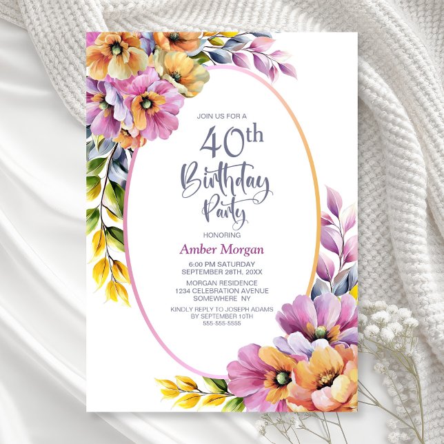Invitation Fête d'anniversaire de 40 ans aux fleurs roses et  (Créateur téléchargé)