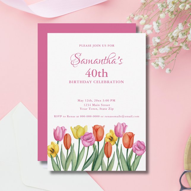 Invitation Fête d'anniversaire de 40 ans aux tulipes aquarell (Créateur téléchargé)