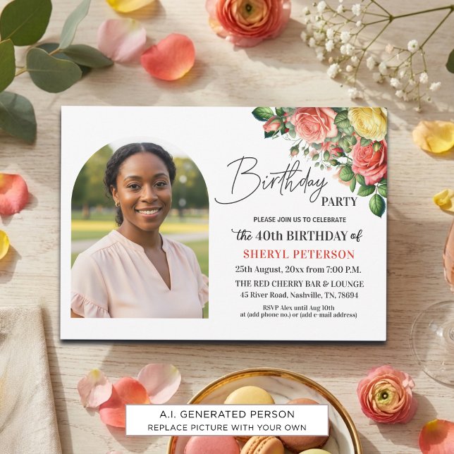 Invitation Fête d'anniversaire de 40 ans avec fleurs élégante (Créateur téléchargé)