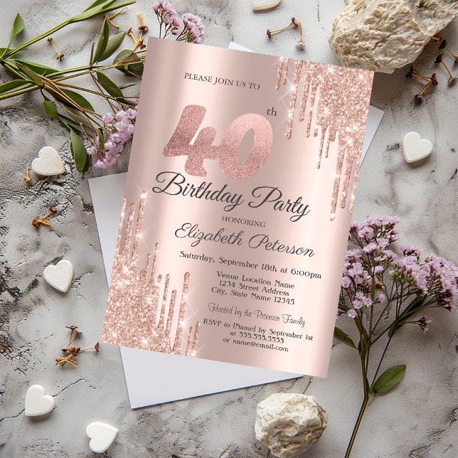 Invitation Fête d'anniversaire de 40 ans avec gouttes de pail (Créateur téléchargé)