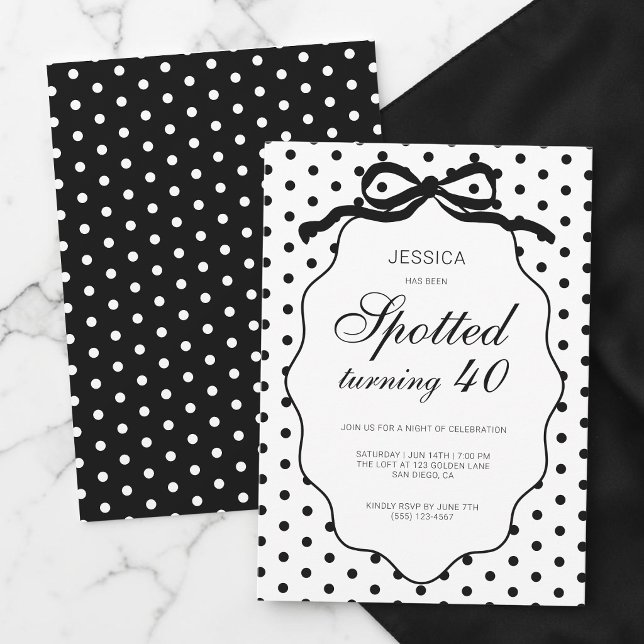 Invitation Fête d'anniversaire de 40 ans avec nœud à pois (Polka Dot Bow Spotted Turning 40th Birthday Party Invitation)