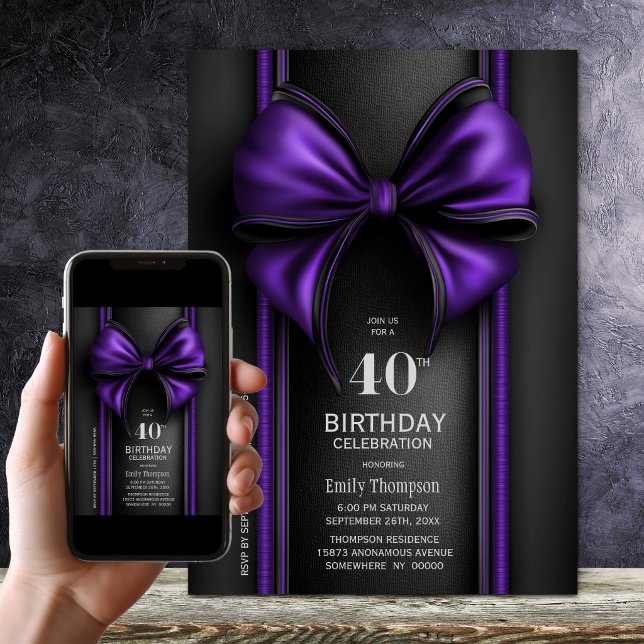Invitation Fête d'anniversaire de 40 ans avec un nœud violet  (Créateur téléchargé)
