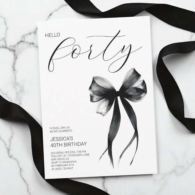 Invitation Fête d'anniversaire de 40 ans avec un ruban élégan (Elegant Script Hello Forty Bow 40th Birthday Party Invitation)