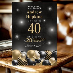 Invitation Fête d'anniversaire de 40 ans Ballons noirs et dor