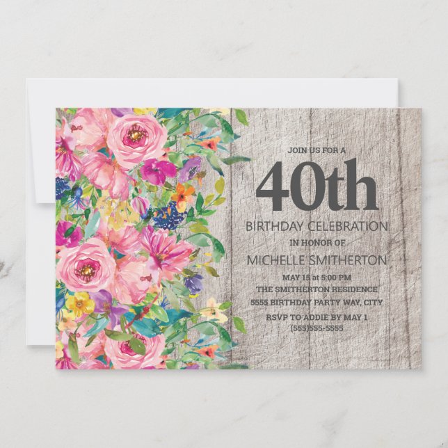Invitation Fête d'anniversaire de 40 ans Bois rustique floral (Devant)