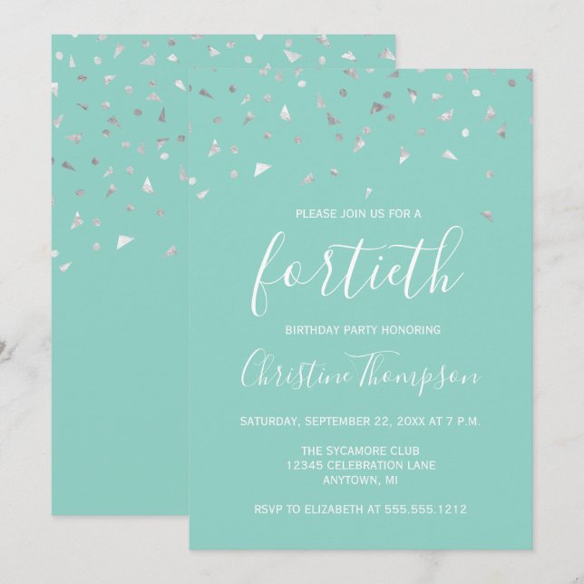 Invitation Fête d'anniversaire de 40 ans Confettis Argent Ver (Devant / Derrière)