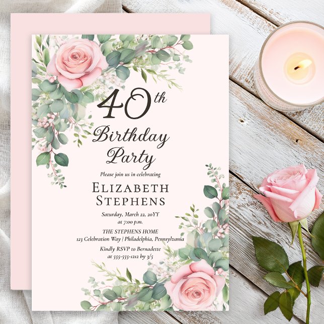 Invitation Fête d'anniversaire de 40 ans Rose Eucalyptus Blus (Elegant blush rose and eucalyptus 40th birthday invitation with soft watercolor florals)