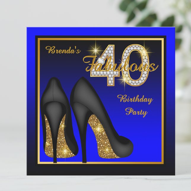 Invitation Fête d'anniversaire de 40 ans Royal Blue Fabuleuse (Royal blue gold diamond number 40th birthday party invitation.)