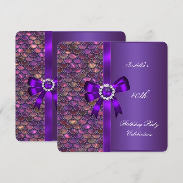 Invitation Fête d'anniversaire de 40 ans Sequins Rose Violet  (Devant / Derrière)