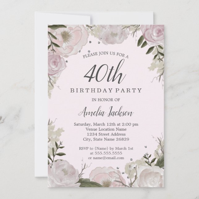 Invitation Fête d'anniversaire de 40 ans Sparkle Rose Floral (Devant)