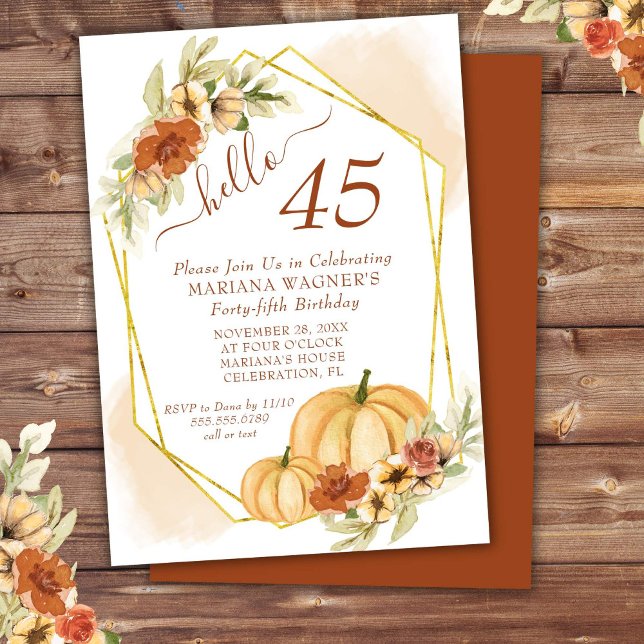 Invitation Fête d'anniversaire de 45 ans à l'aquarelle rustiq (Créateur téléchargé)