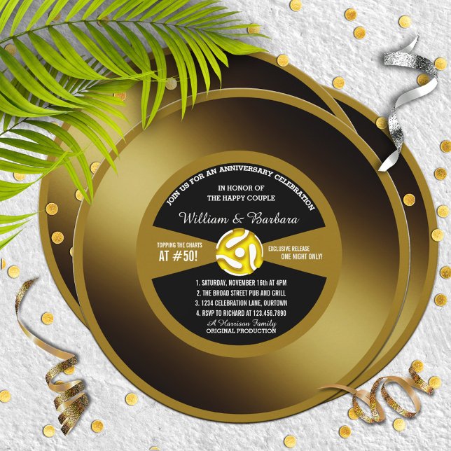 Invitation Fête d'anniversaire de 45 ans disque vinyle Gold R (Créateur téléchargé)