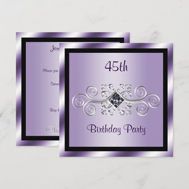Invitation Fête d'anniversaire de 45 ans Silver Swirls & Diam (Devant / Derrière)