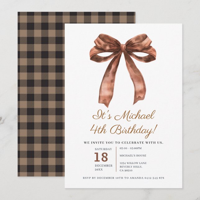 Invitation Fête d'anniversaire de 4 ans Coquette Garçon Éléga (Devant / Derrière)
