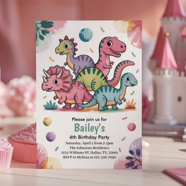 Invitation Fête d'anniversaire de 4 ans de dinosaure rose mig (Créateur téléchargé)