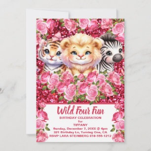 Invitation Fête d'anniversaire de 4 ans de fille rose sauvage