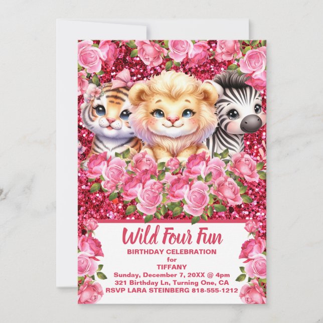 Invitation Fête d'anniversaire de 4 ans de fille rose sauvage (Devant)