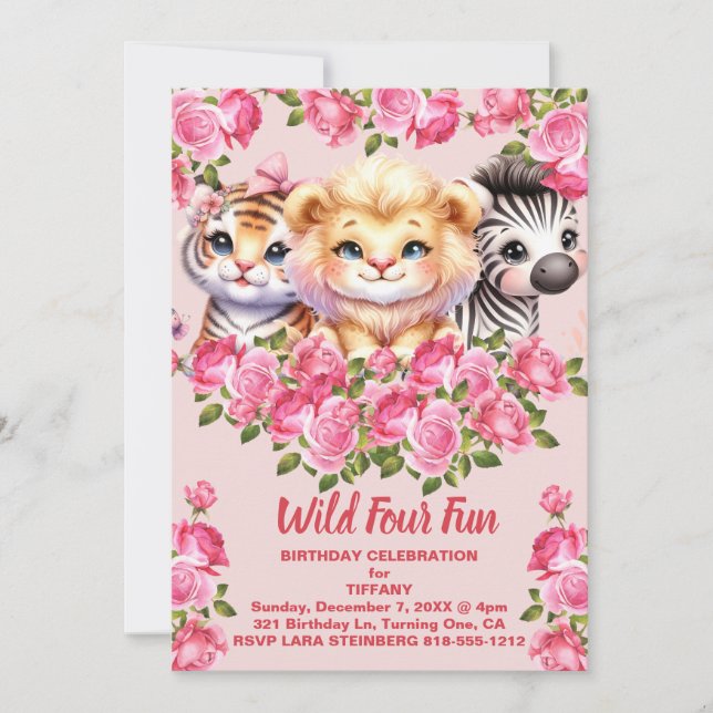 Invitation Fête d'anniversaire de 4 ans de fille rose sauvage (Devant)
