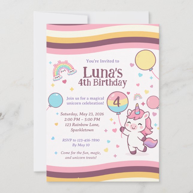 Invitation Fête d'anniversaire de 4 ans de Licorne Arc-en-cie (Devant)