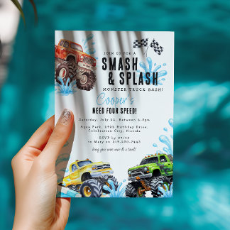 Invitation Fête d'anniversaire de 4 ans de Monster Truck Fun