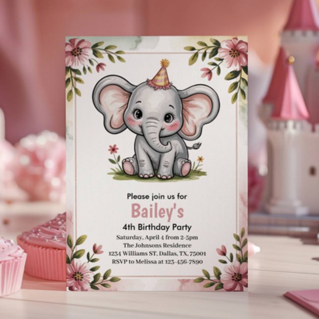 Invitation Fête d'anniversaire de 4 ans éléphant rose mignon  (Créateur téléchargé)