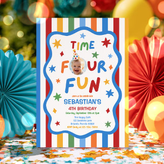 Invitation Fête d'anniversaire de 4 ans garçon coloré Time Fo