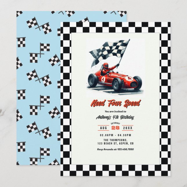 Invitation Fête d'anniversaire de 4 ans Need Four Speed Race  (Devant / Derrière)