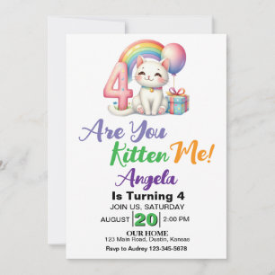 Invitation Fête d'anniversaire de 4 ans pour un adorable chat