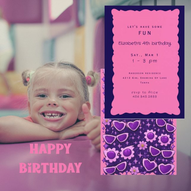Invitation Fête d'anniversaire de 4 ans violet et rose fantai (Créateur téléchargé)