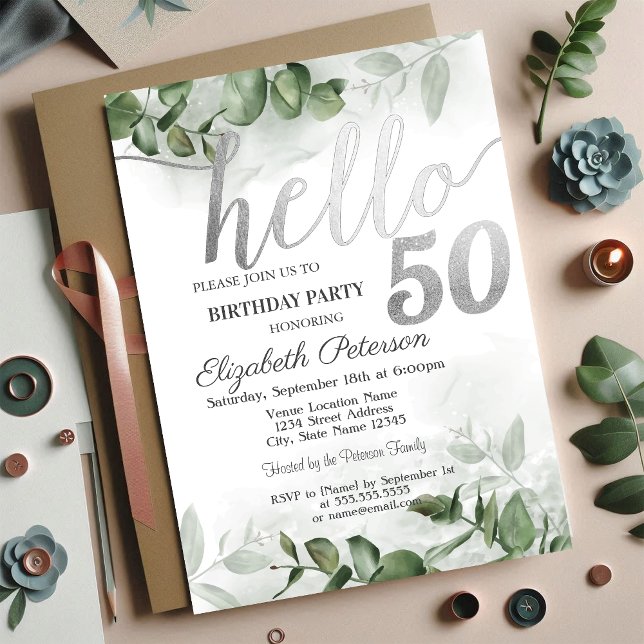Invitation Fête d'anniversaire de 50 ans à l'aquarelle Eucaly (Créateur téléchargé)