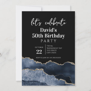 Invitation Fête d'anniversaire de 50 ans Agate Bleu et Or