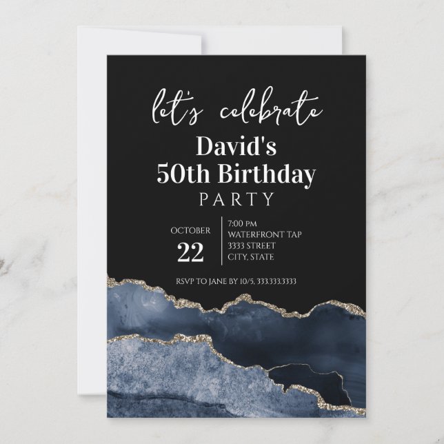 Invitation Fête d'anniversaire de 50 ans Agate Bleu et Or (Devant)