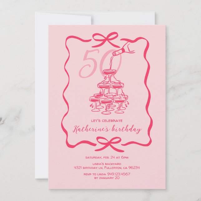 Invitation Fête d'anniversaire de 50 ans au champagne rose de (Devant)