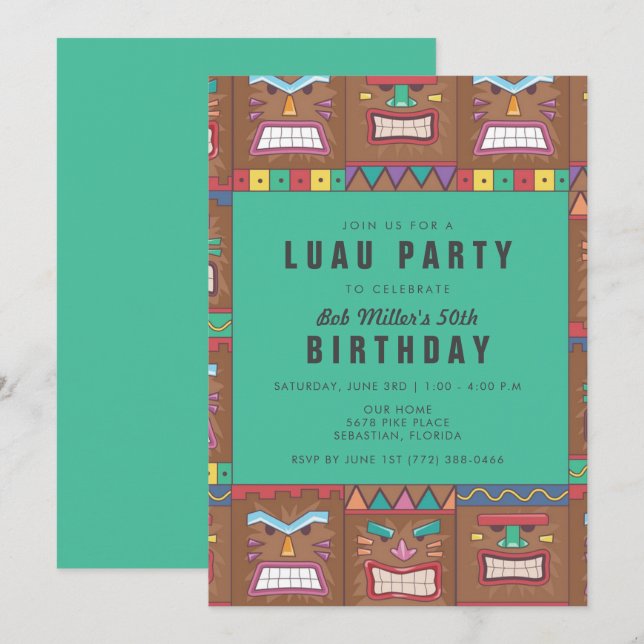 Invitation Fête d'anniversaire de 50 ans au masque Tiki Luau (Devant / Derrière)