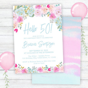 Invitation Fête d'anniversaire de 50 ans aux fleurs bleues ro