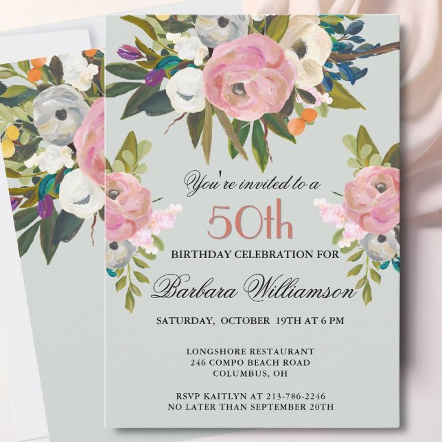 Invitation Fête d'anniversaire de 50 ans aux fleurs peintes à (Créateur téléchargé)