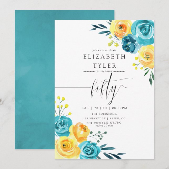 Invitation Fête d'anniversaire de 50 ans aux fleurs turquoise (Devant / Derrière)