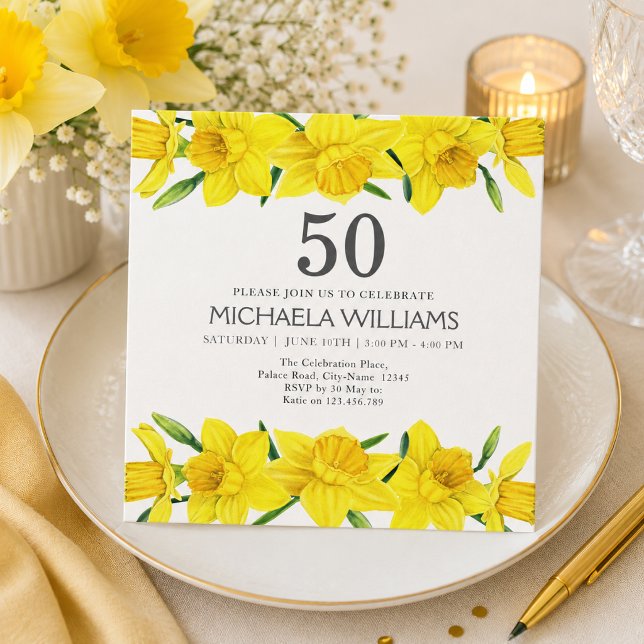 Invitation Fête d'anniversaire de 50 ans aux jonquilles aquar (Add name & details to customize, matching items available in the collection.)