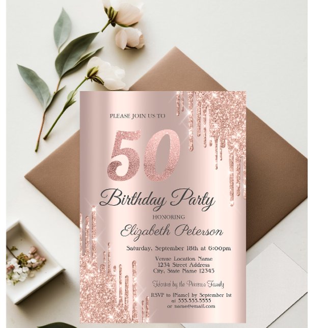 Invitation Fête d'anniversaire de 50 ans avec gouttes de pail (Créateur téléchargé)