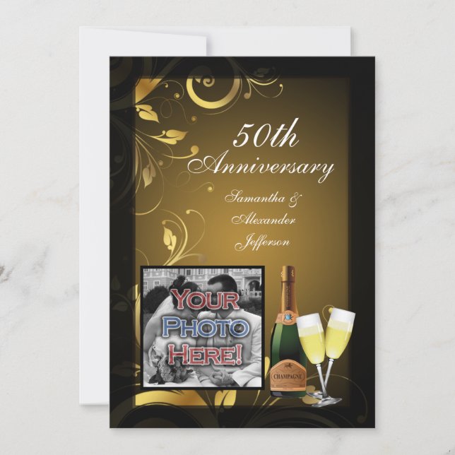 Invitation Fête d'anniversaire de 50 ans Black and Gold Swirl (Devant)