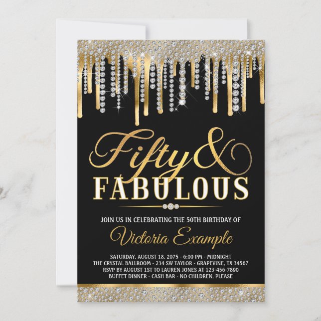 Invitation Fête d'anniversaire de 50 ans Black Gold Diamond D (Devant)