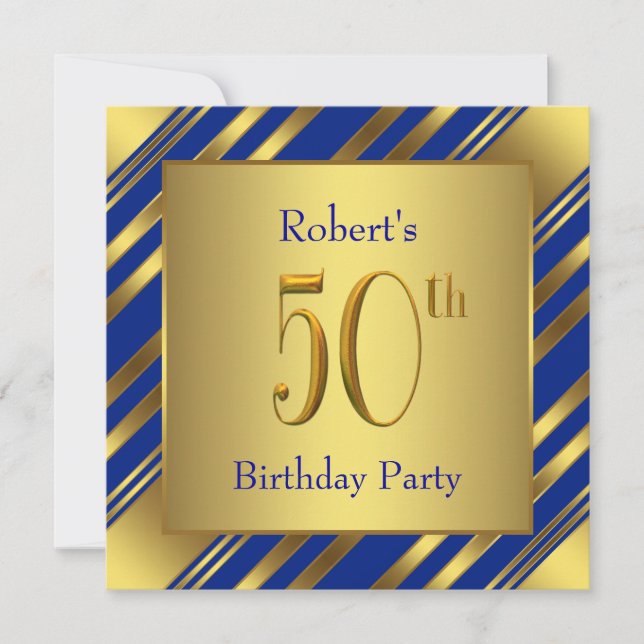 Invitation Fête d'anniversaire de 50 ans bleu royal et or de  (Devant)
