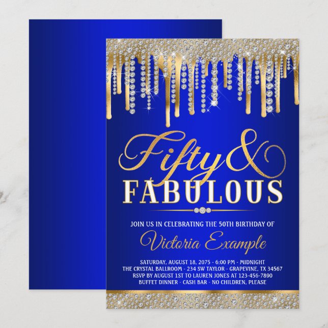 Invitation Fête d'anniversaire de 50 ans Blue Gold Diamond Dr (Devant / Derrière)